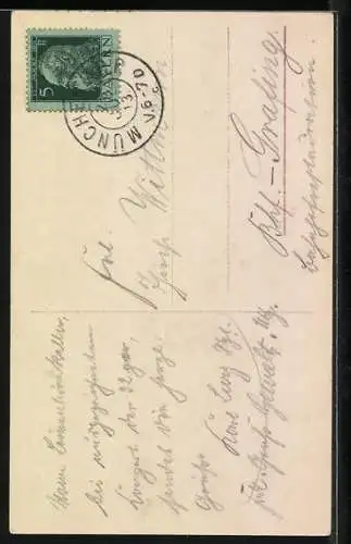 AK Münchner Kindl mit Bierkrug sitzt auf Bierfass