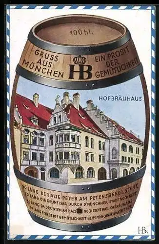 Künstler-AK Hans Boettcher: Blick auf das Münchner Hofbräuhaus im Fass