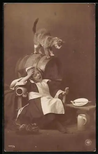 Foto-AK NPG Nr. 463 /9: Münchner Kindl mit Katze am Bierfass
