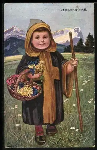 Künstler-AK Das Münchner Kindl mit Wanderstock und Blumenkorb beim Wandern