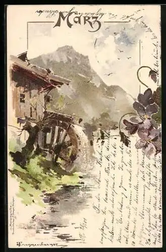 Künstler-AK Theodor Guggenberger: Allegorie, März, Wassermühle