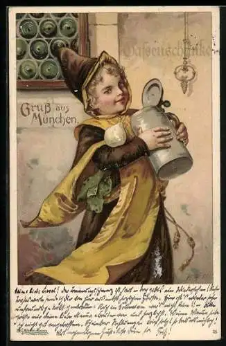 Lithographie München, Gassenschänke, Münchner Kindl, Radi