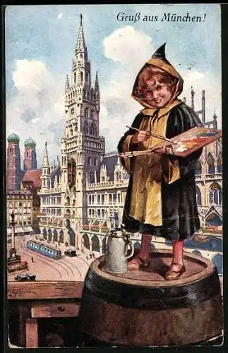 Künstler-AK Ernst Schlemo: Münchner Kindl beim Malen, Blick auf das Rathaus und eine Strassenbahn