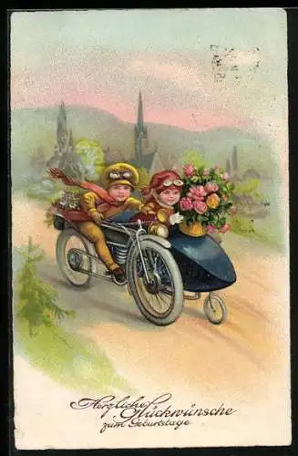 AK Kinder fahren in einem Motorrad mit Beiwagen, Geburtstagsgruss