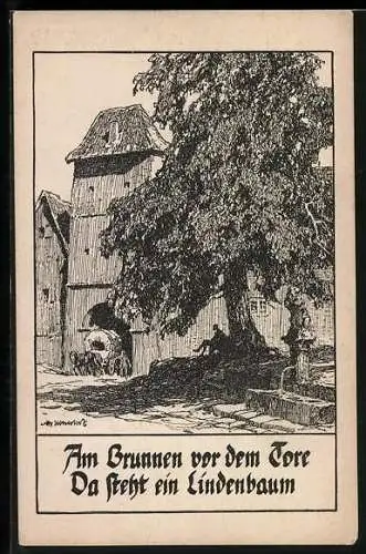 Künstler-AK Ubbelohde: Ortspartie, Leute unter der Linde, Pferdekutsche im Tor
