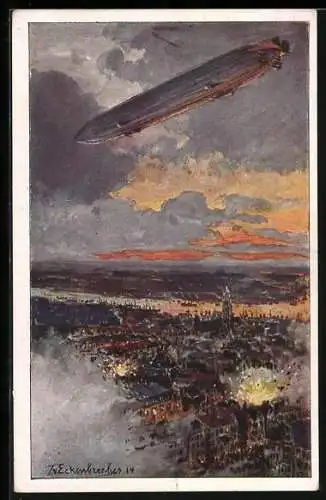 Künstler-AK Themistokles von Eckenbrecher: Zeppelin über einer Stadt im Bombenhagel