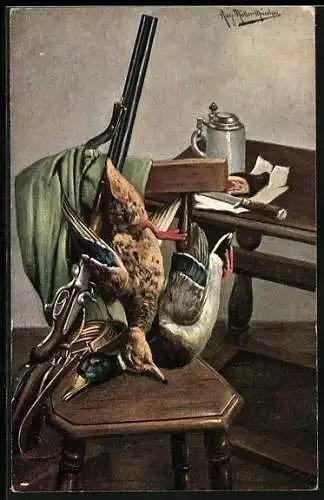 Künstler-AK August Müller - München: Gewehr und erlegte Enten auf dem Stuhl des Jägers