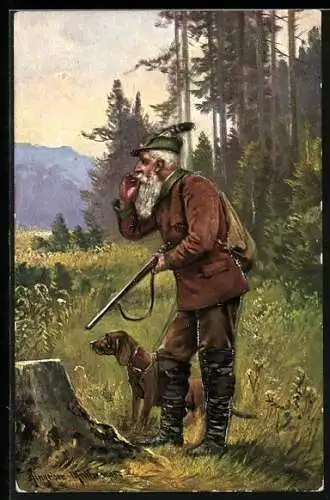 AK Jäger mit Pfeife und Hund