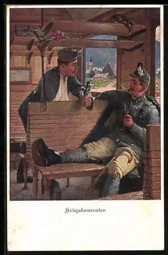 AK Zwei Soldaten fahren im Zugabteil, Kriegskameraden
