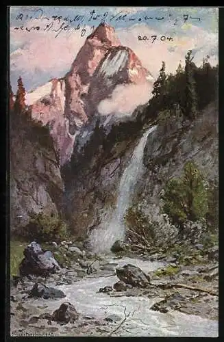 Künstler-AK August Splitgerber: im Flussbett unter dem Wasserfall