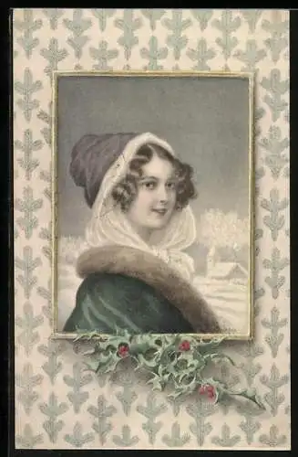 Künstler-AK M. Munk Nr. 229: Fröhliche Weihnachten - Junge Frau vor Schneelandschaft, Stechpalme