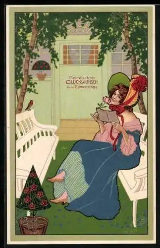 AK Junge Dame bei Lektüre in einer Gartenlaube, Biedermeier