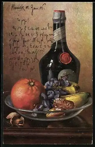 Künstler-AK M. Billing: Stilleben mit Flasche und Obstschale