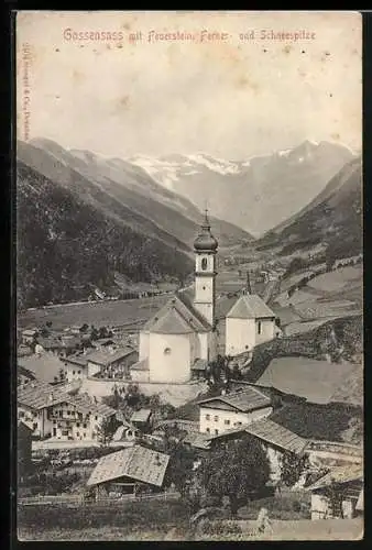 AK Gossensass, Ortsansicht mit Feuerstein, Ferner- und Schneespitze