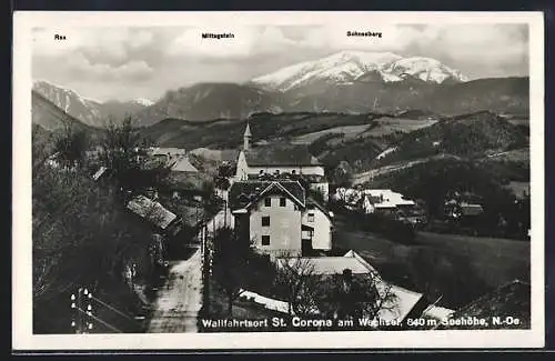 AK St. Corona am Wechsel, Strassenpartie mit Kirche, Rax, Mittagstein und Schneeberg