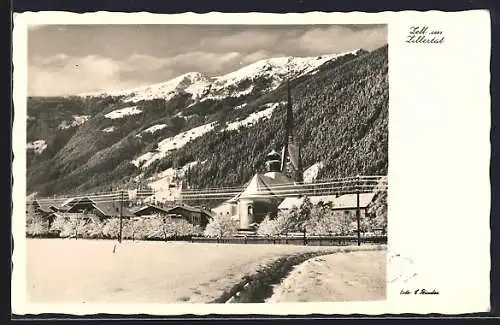 AK Zell im Zillertal, Ortspartie mit Kirche im Schnee