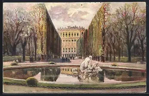 Künstler-AK Wien, Schönbrunner Schlosspark mit Statue