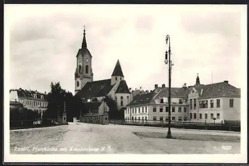 AK Zwettl /N. Ö., Pfarrkirche mit Krankenhaus