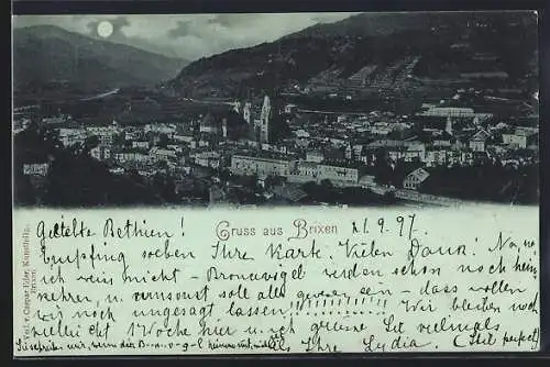 Mondschein-AK Brixen, Teilansicht mit Kirche