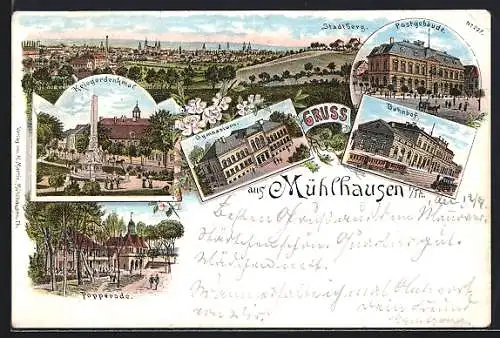 Lithographie Mühlhausen /Th., Ortsansicht mit Stadtberg, Bahnhof, Gymnasium
