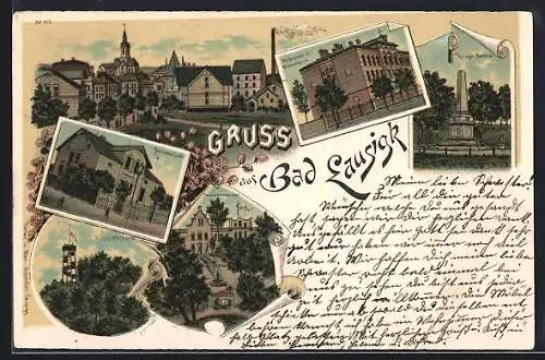 Lithographie Bad Lausigk, Kriegerdenkmal, Bethlehem-Stift, Moorbad