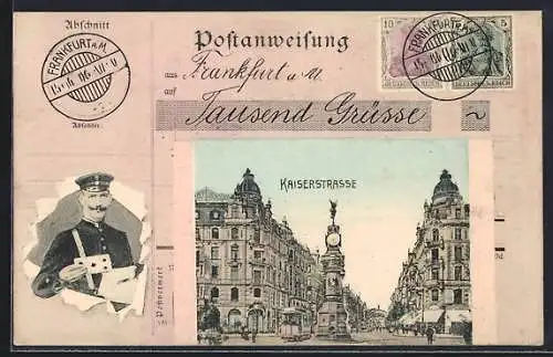 AK Frankfurt a. M., Kaiserstrasse, Passepartout mit Briefträger und Briefmarken