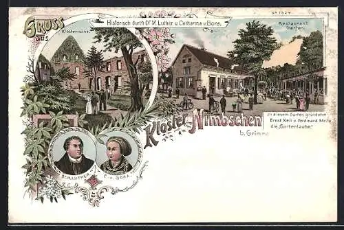 Lithographie Nimbschen b. Grimma, Restaurant mit Garten und Klosterruine