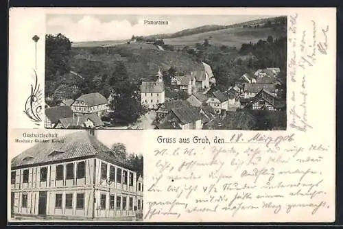 AK Grub / Thüringen, Gasthaus von Gustav König, Panorama