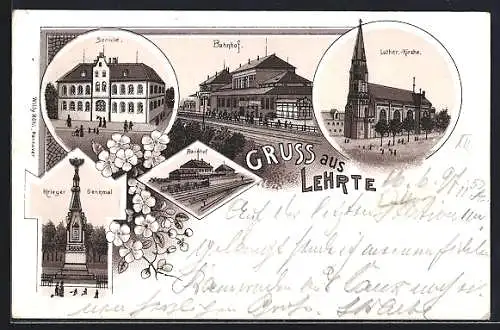 Lithographie Lehrte, Schule, Bahnhof, Luther.-Kirche, Kriegerdenkmal