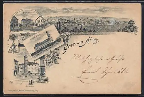 Lithographie Alzey, Seminar, Ev. Kirche, Rathaus