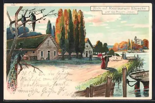 Lithographie Berlin-Wannsee, Blick vom Gasthaus Pfaueninsel zur Pfauen-Insel