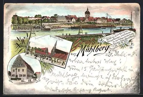 Lithographie Mühlberg / Elbe, Altstädter Markt, Kriegerdenkmal, Dampfer Saxonia passiert den Ort