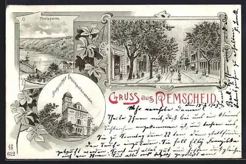 Lithographie Remscheid, Thalsperre, Bergischer Fabrikantenverein, Strassenpartie im Ort
