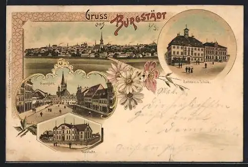 Lithographie Burgstädt / Sachsen, Ortsansicht mit Kirche, Marktplatz, Turnhalle, Rathaus und Schul