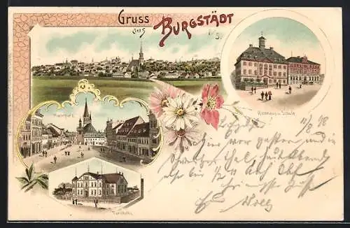 Lithographie Burgstädt / Sachsen, Ortsansicht mit Kirche, Marktplatz, Turnhalle, Rathaus und Schule