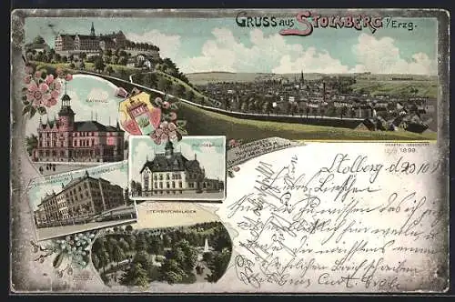 Lithographie Stollberg i. E., Schloss Hoheneck mit Teilansicht, Rathaus, Postgebäude