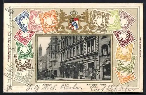 AK München, Restaurant Platzl, Passepartout mit Wappen und Briefmarken