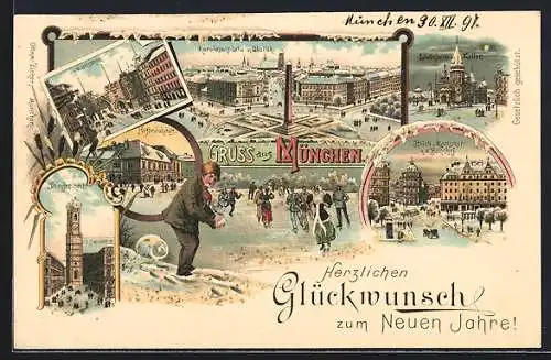 Winter-Lithographie München, Hofbräuhaus, Blick v. Karlsthor n. d. Bahnhof, Domfreiheit, Neujahrswünsche