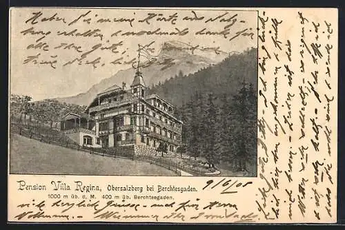 Künstler-AK Obersalzberg bei Berchtesgaden, Pension Villa Regina