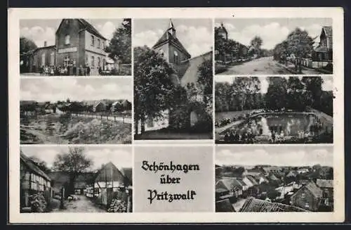 AK Schönhagen über Pritzwalk, Kirche, Teich, Fachwerkhäuser und Strassenpartien