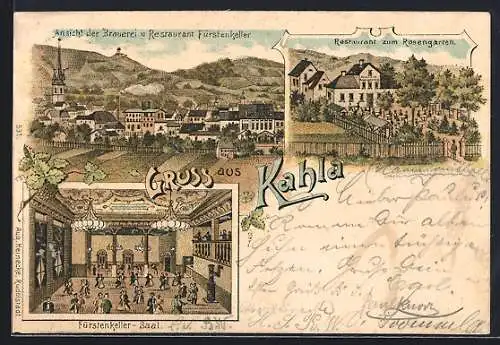 Lithographie Kahla / Thür., Restaurant u. Brauerei Fürstenkeller, Restaurant zum Rosengarten