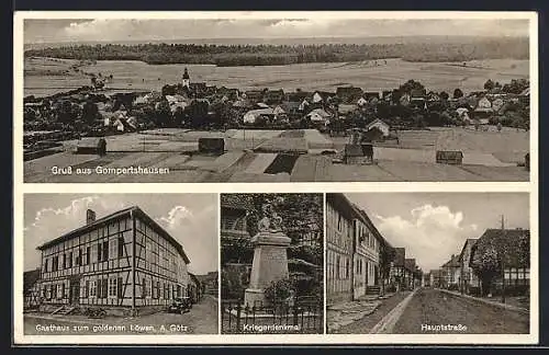 AK Gompertshausen, Gasthaus zum goldenen Löwen, Bes. A Götz, Kriegerdenkmal, Blick in die Haupstrasse