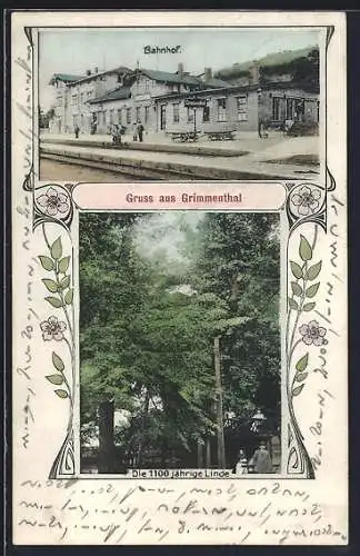 AK Grimmenthal, Bahnhof und die 1100-jährige Linde