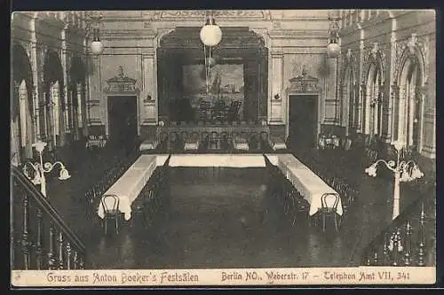 AK Berlin-Friedrichshain, Gasthaus Anton Boeker`s Festsäle, Weberstrasse 17, Innenansicht
