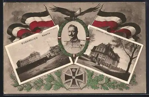 AK Euskirchen, Kaserne und Offizier-Kasino, Passepartout mit Kaiser Wilhelm II., Reichsfahne und Eisernem Kreuz