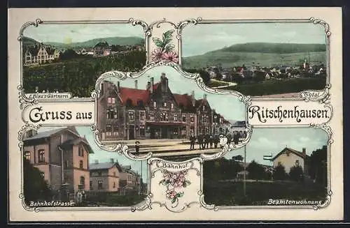 AK Ritschenhausen, Bahnhof, E. Blau`s Gärtnerei, Beamtenwohnung und Bahnhofstrasse