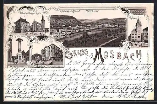 Lithographie Mosbach / Baden, Rathaus, Gewerbeschule und Palmsches Haus mit Kirche