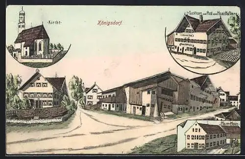 AK Königsdorf, Gasthaus zur Post, Bes. Hand Hofherr, Kirche und Pfarrhaus