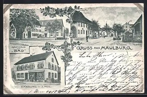 AK Maulburg, Gasthaus zum Bad, Handlung von J. Heil, Strassenpartie
