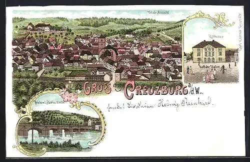 Lithographie Creuzburg a. d. W., Rathaus, Totalansicht und Brücke mit Lieborius-Kirche